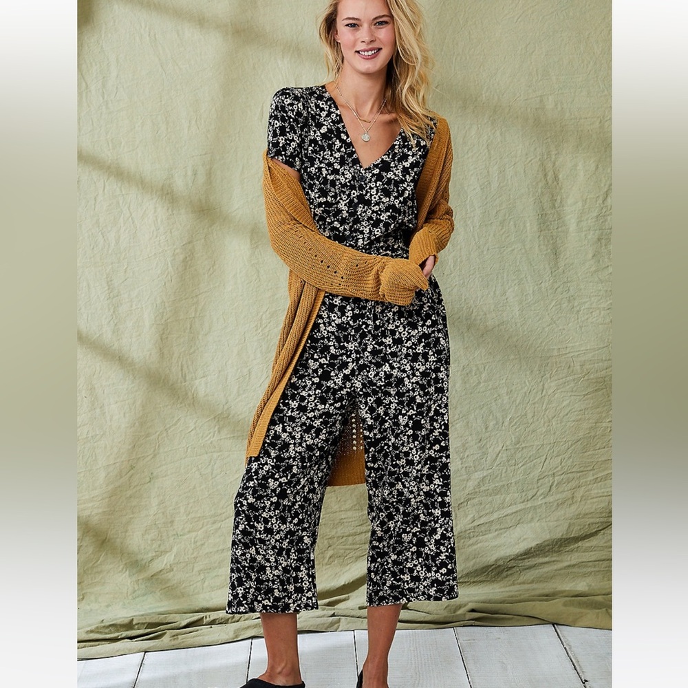 Maurices Black Floral V-Neck Jumpsuit